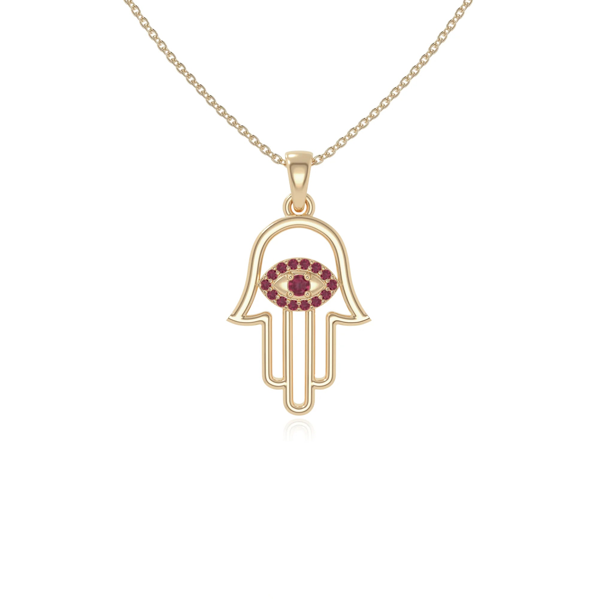 natural ruby evil eye hamsa hand necklaces in yellow gold vermeil 