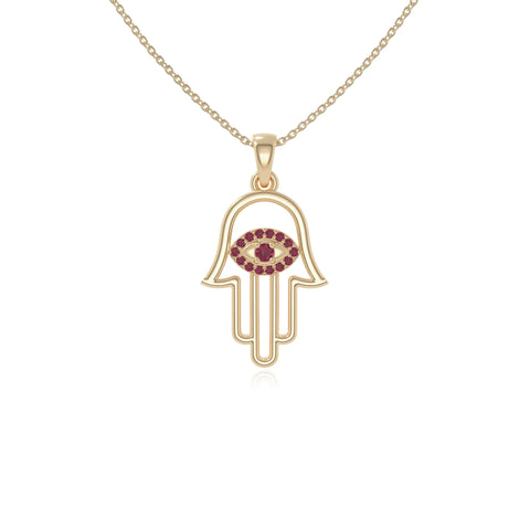 natural ruby evil eye hamsa hand necklaces in yellow gold vermeil 