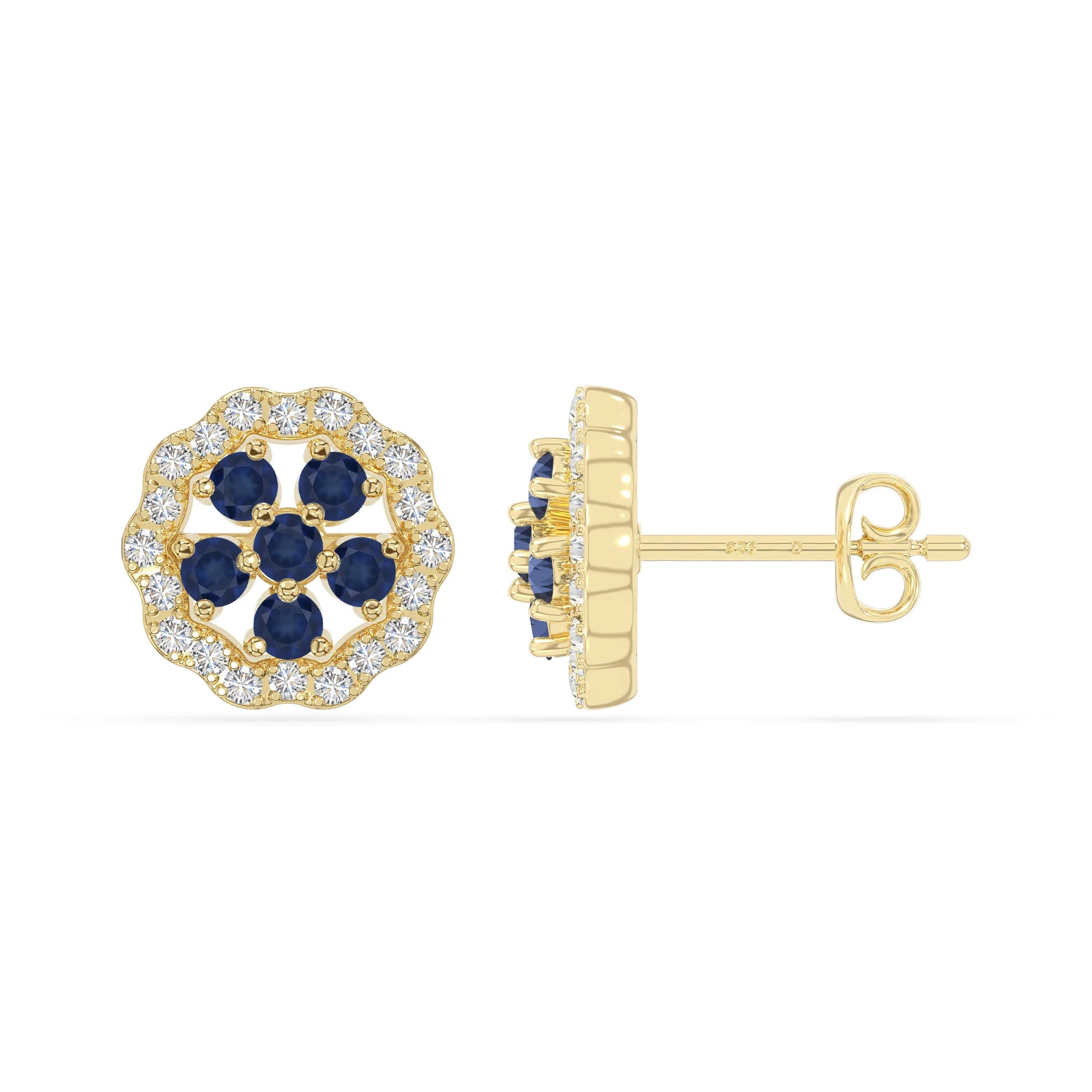 natural blue-sapphire flower stud earrings in yellow gold vermeil 