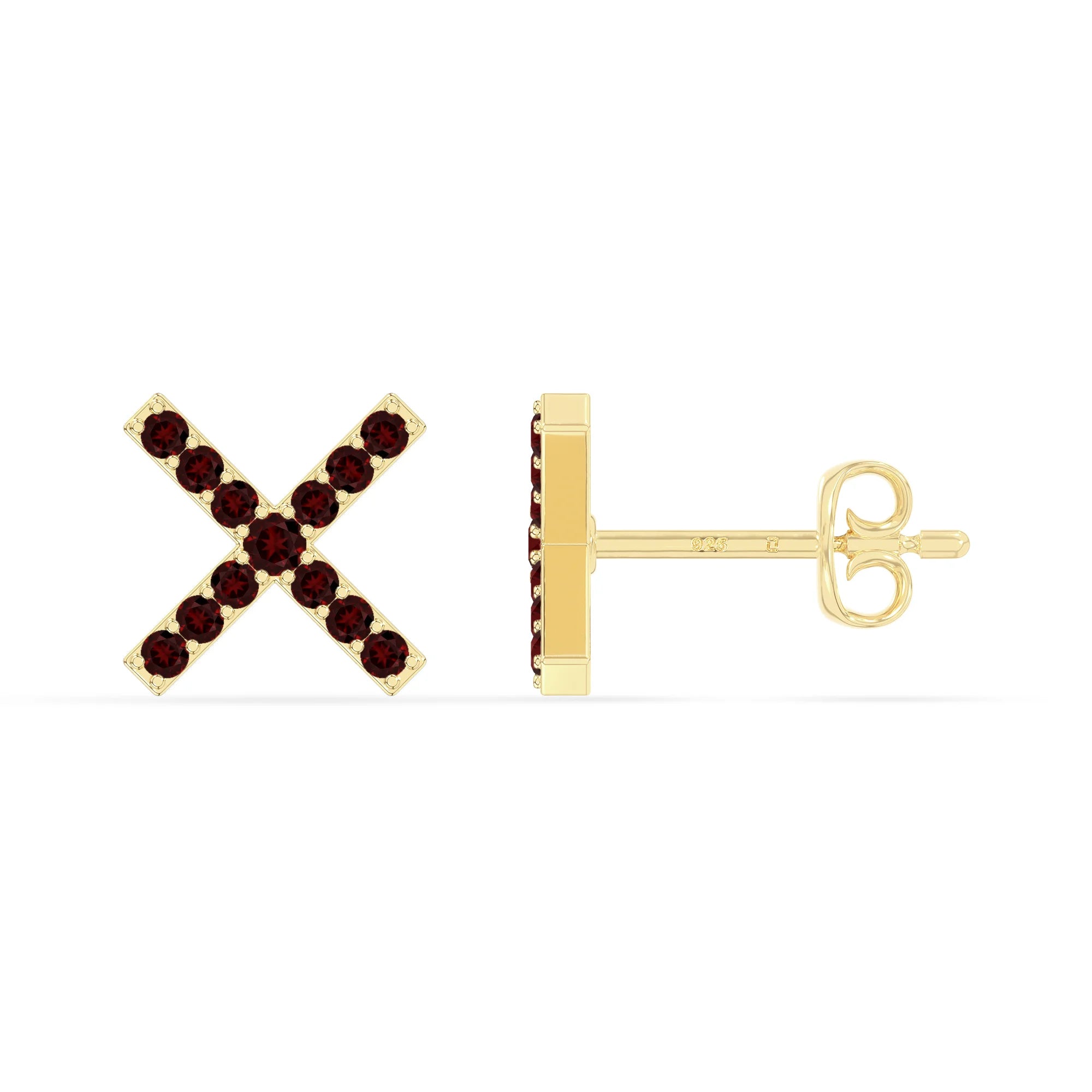 natural garnet x stud earrings in yellow gold vermeil 