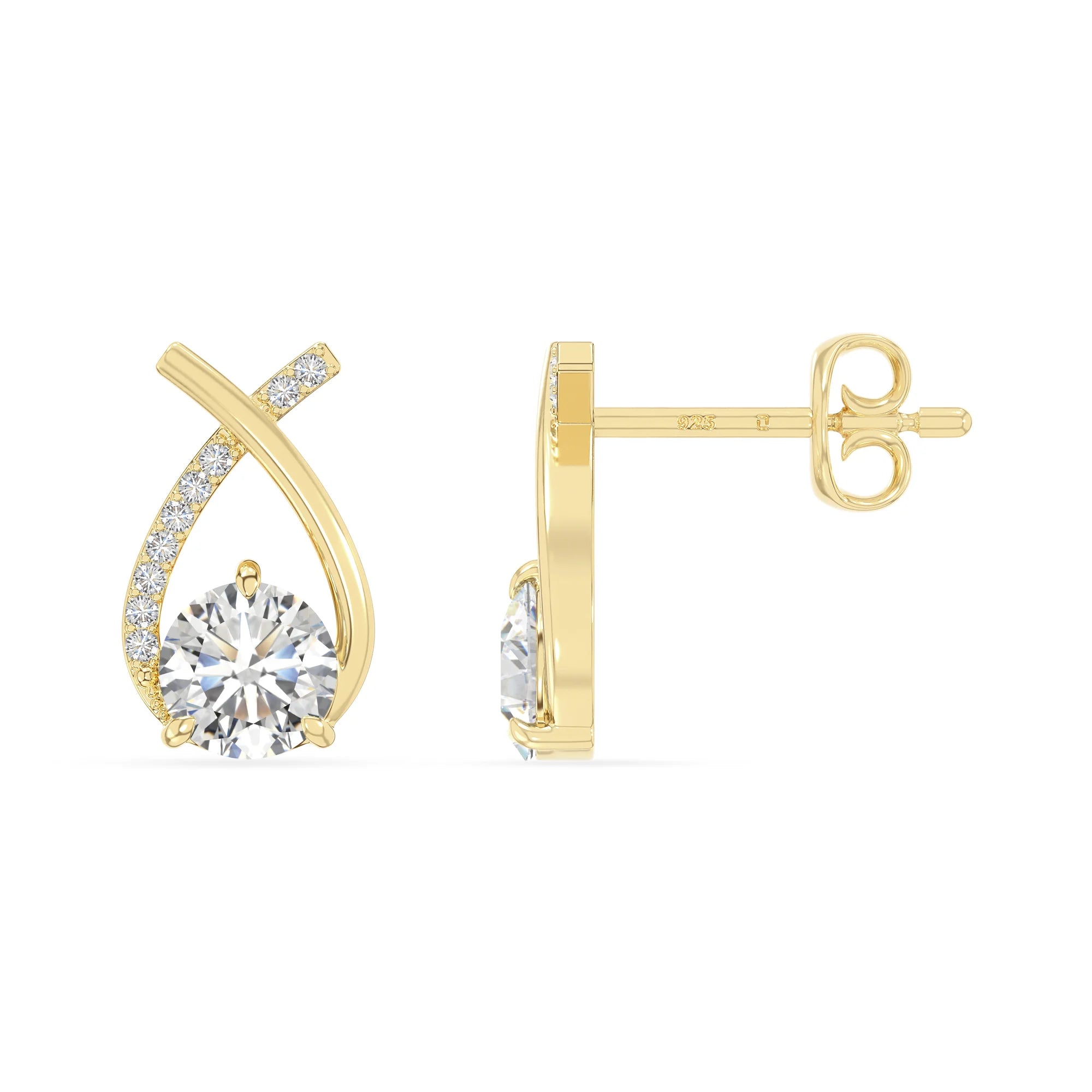 moissanite fishtail stud earrings in yellow gold vermeil 