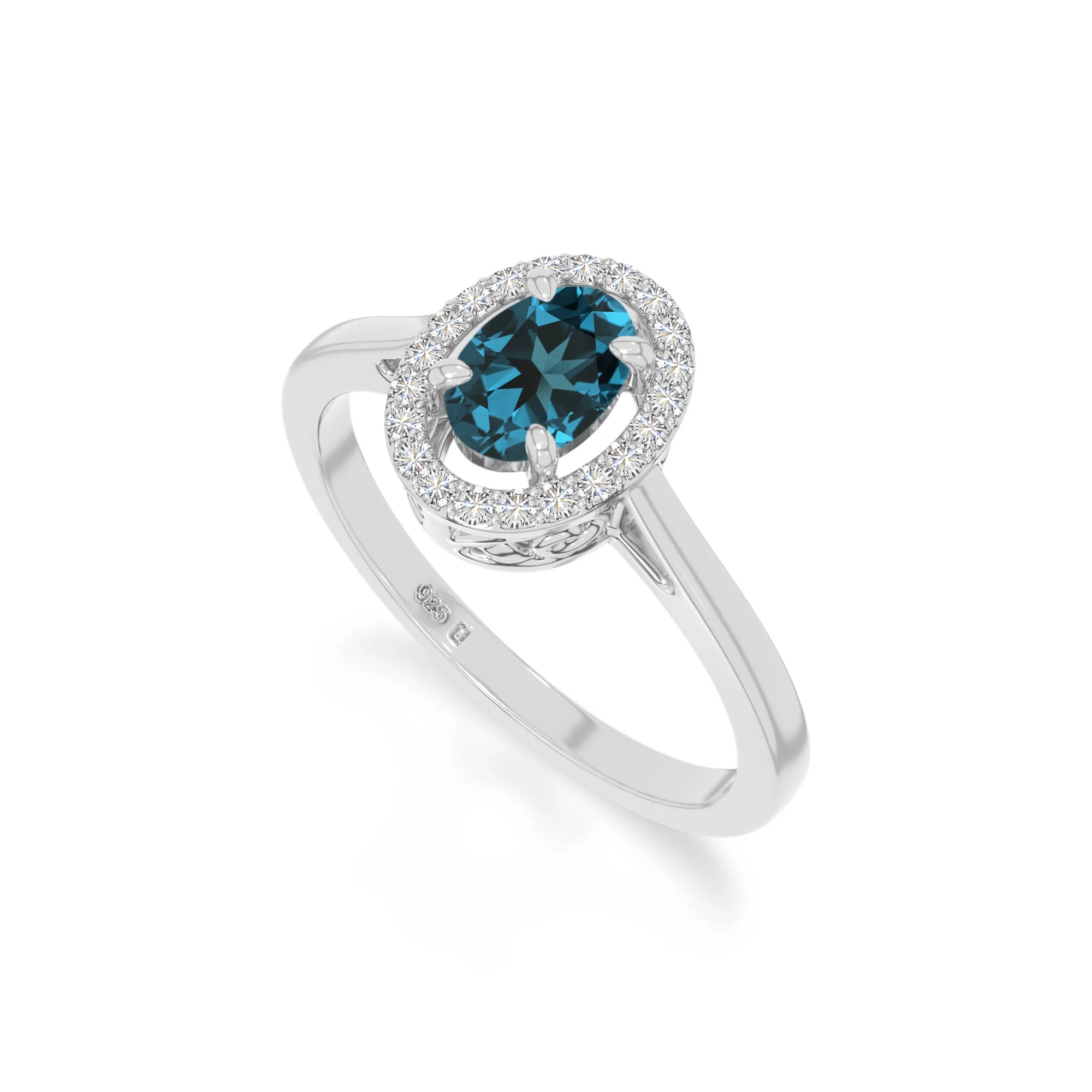 natural london blue topaz solitaire halo engagement rings in sterling silver 