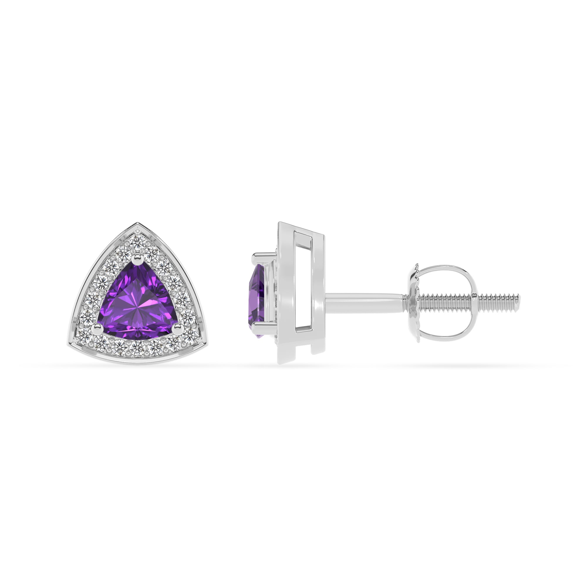 lab grown amethyst trillion stud earrings with moissanite 