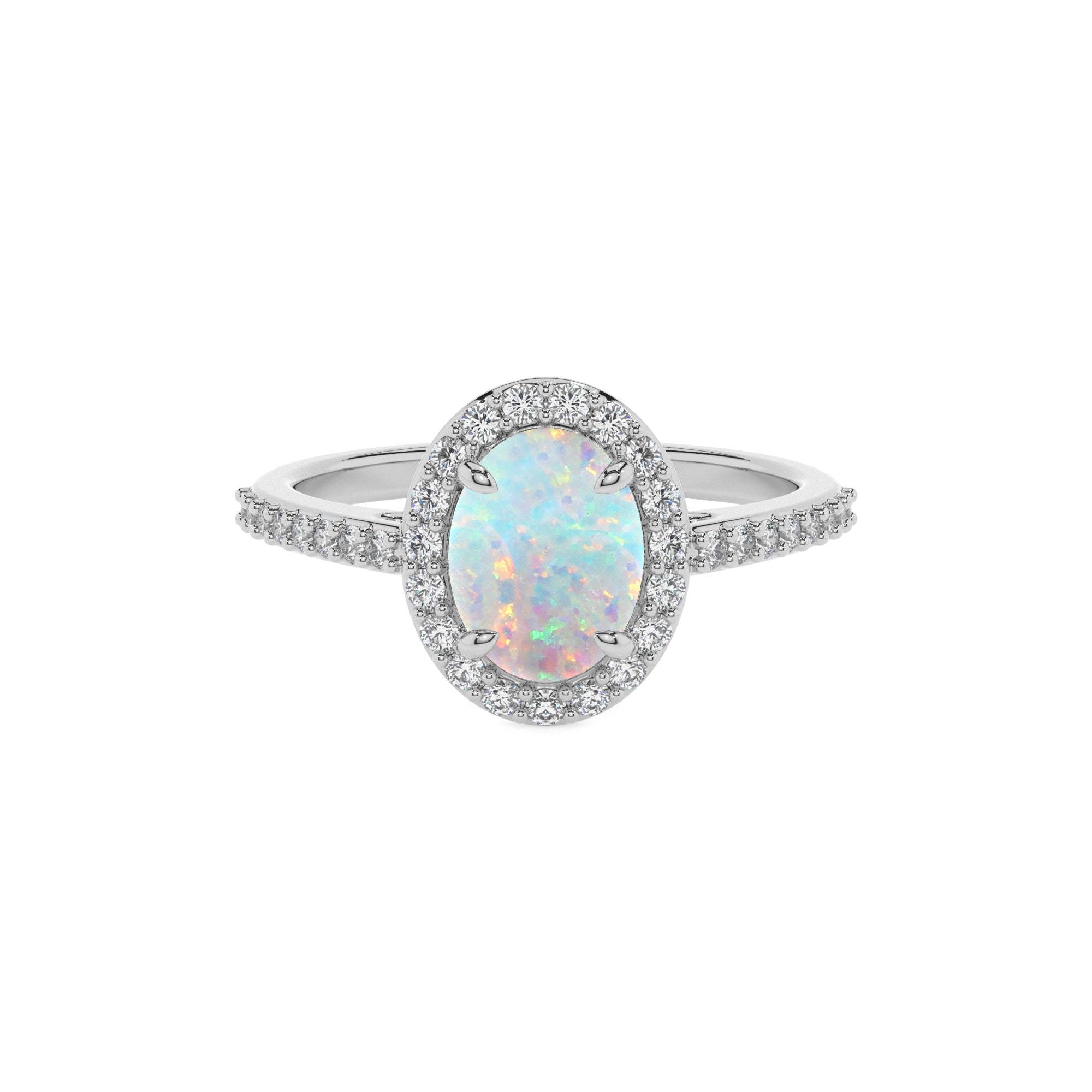 lab grown opal oval half eterity halo solitaire engagement ring