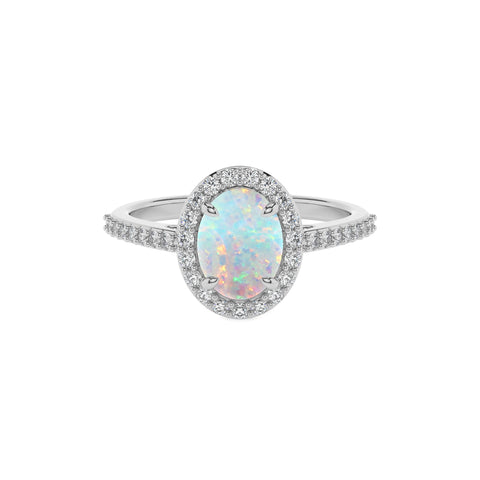 lab grown opal oval half eterity halo solitaire engagement ring