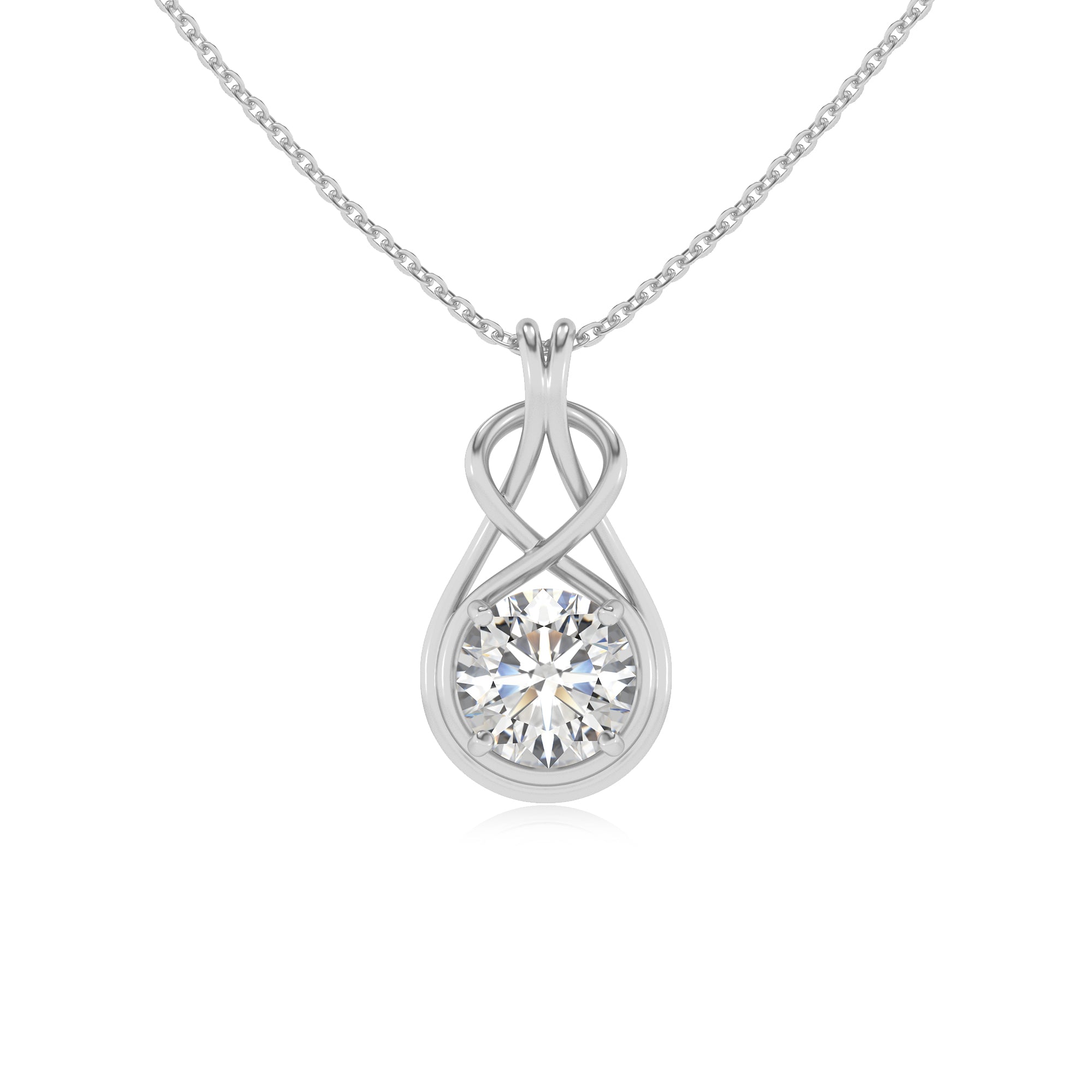 lab grown moissanite round shape solitaire infinity knot pendant necklace