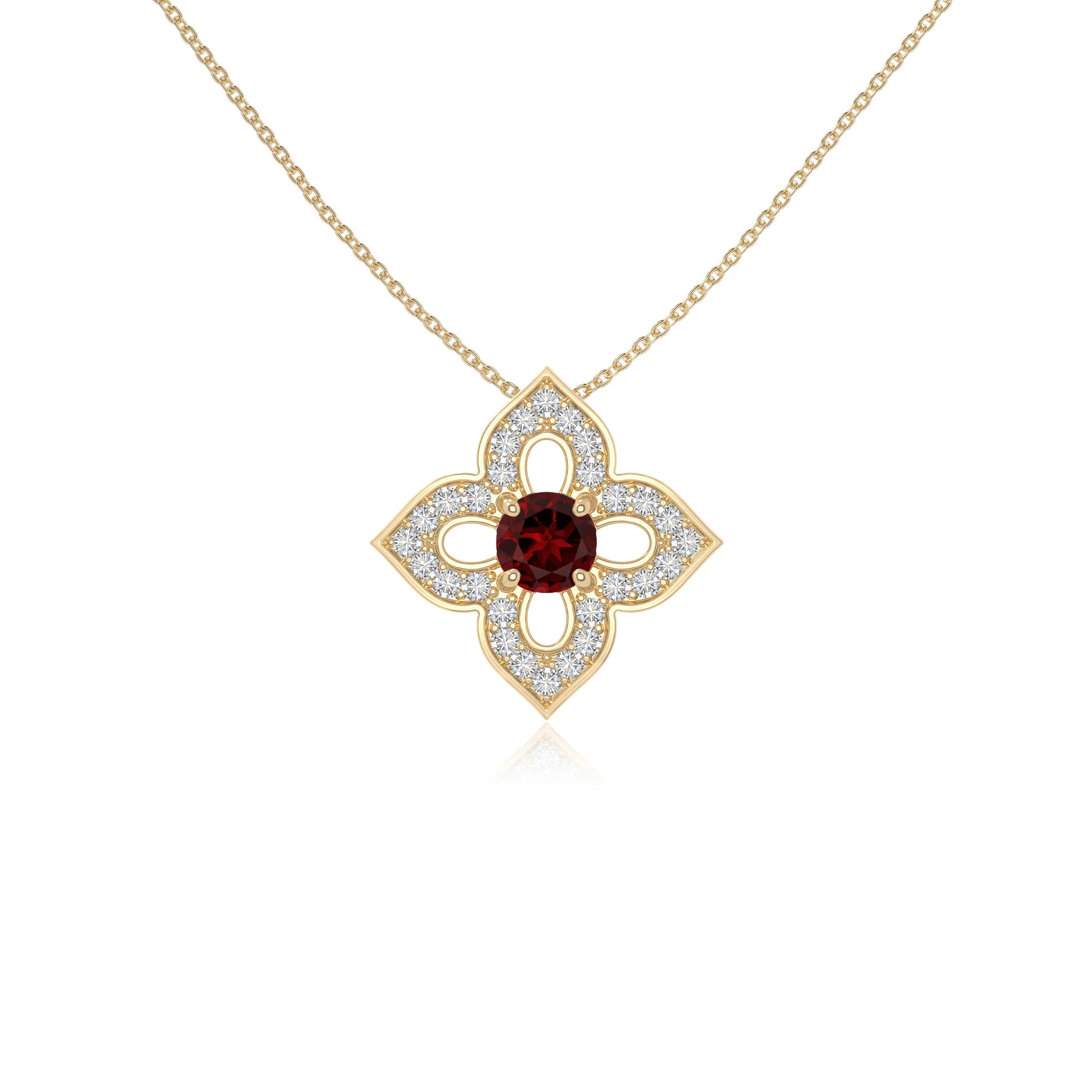natural garnet 4 petal flower necklaces in yellow gold vermeil 