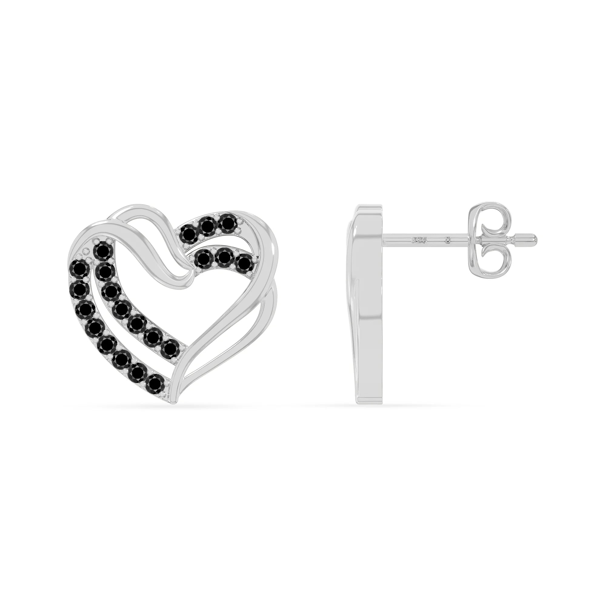 natural black-onyx heart-in-heart stud earrings in sterling silver 