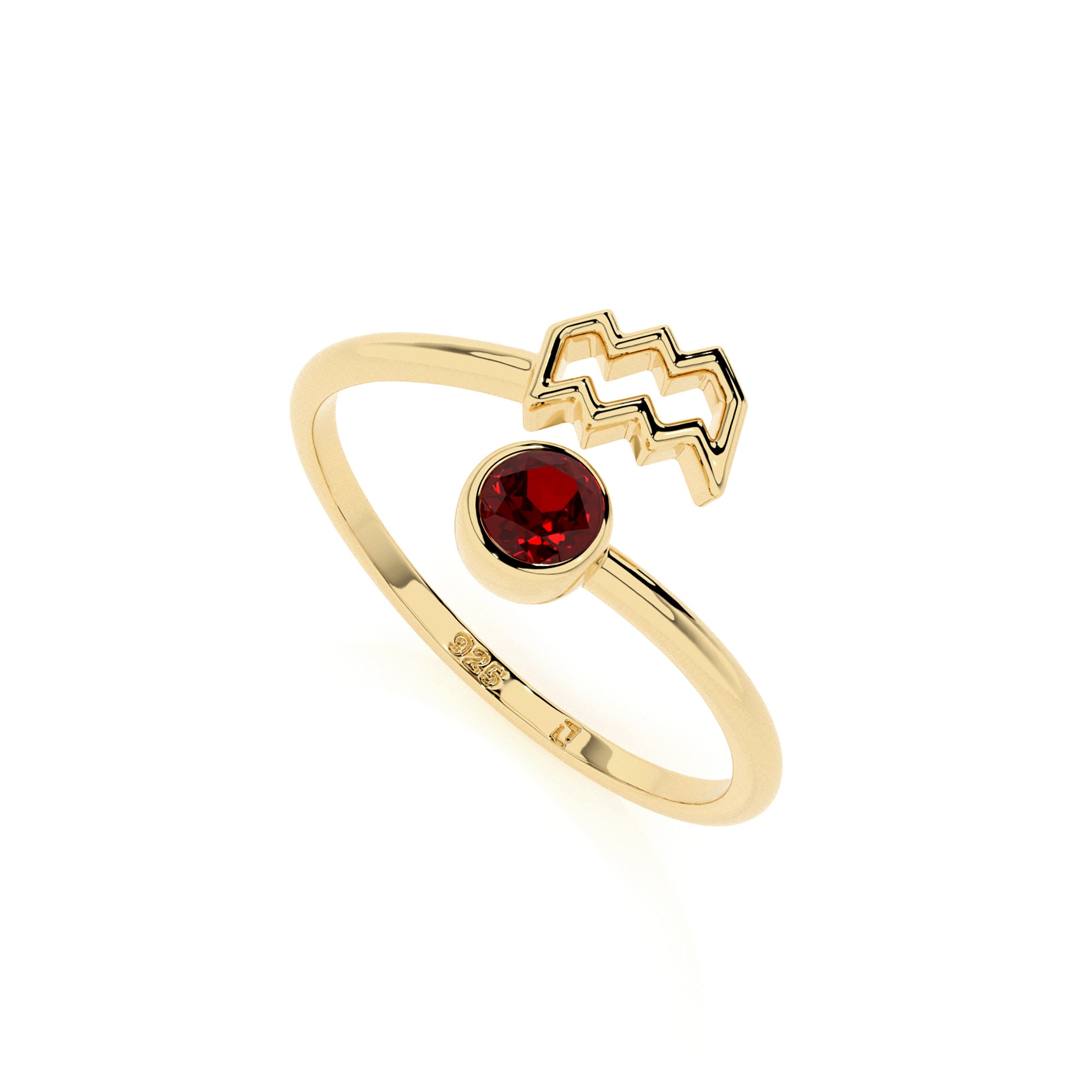 aquarius zodiac ring with natural red garnet gold vermeil