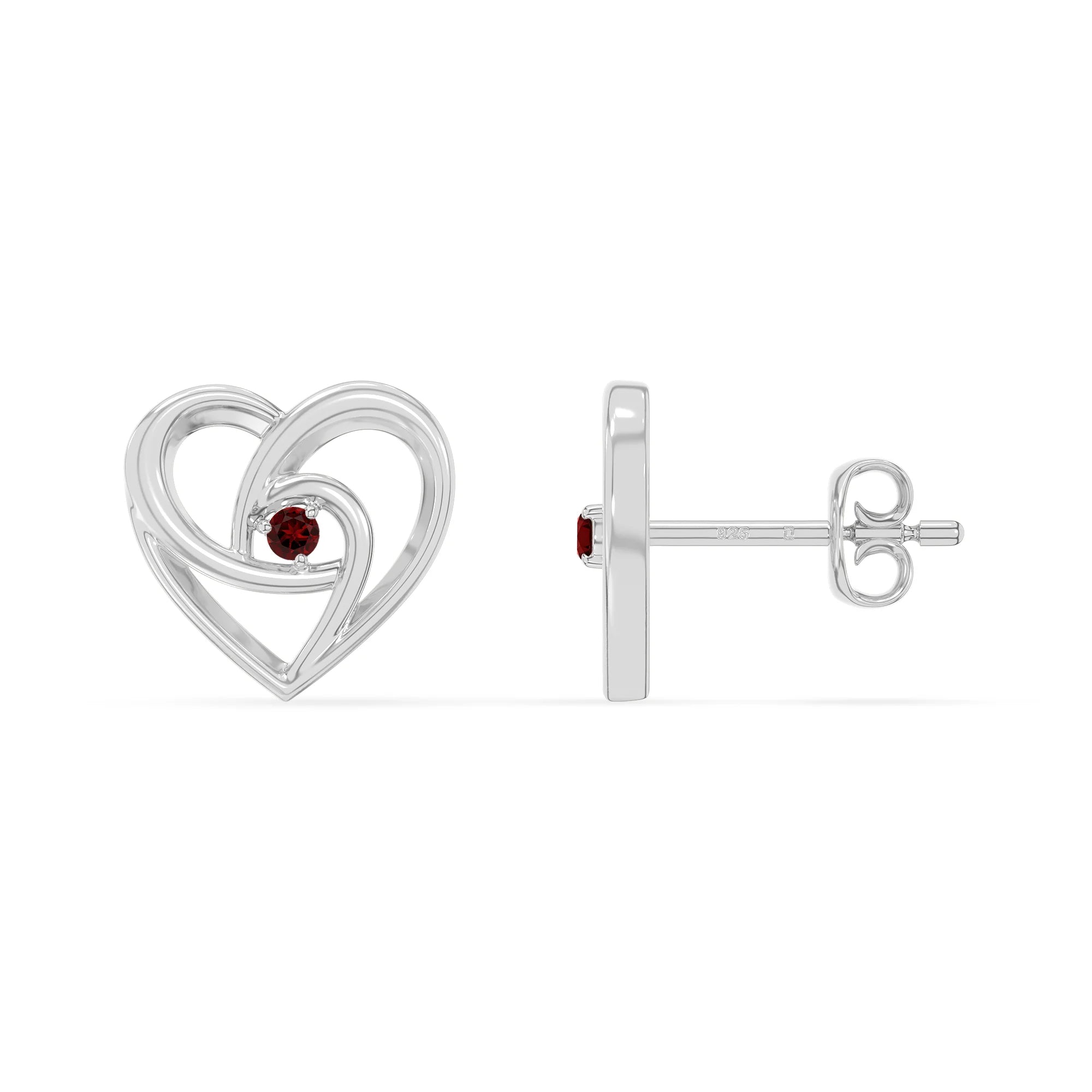 natural garnet heart stud earrings in sterling silver 