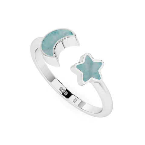 larimar moon, star shape stackable bezel-set ring