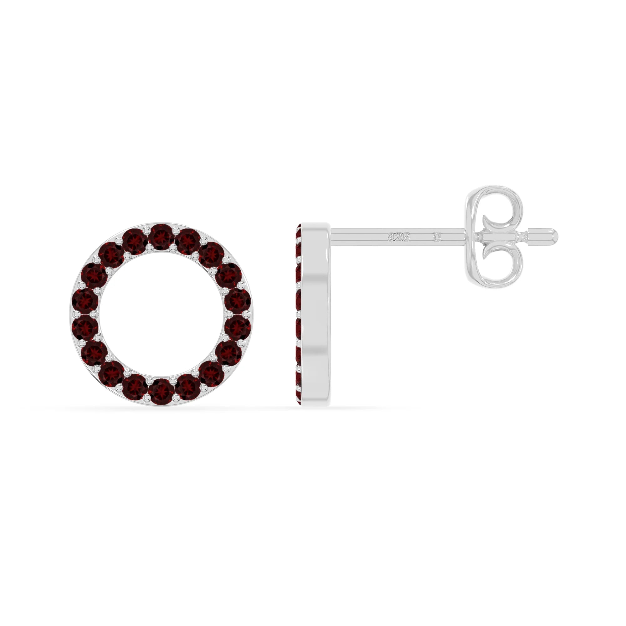 natural garnet circle stud earrings in sterling silver 
