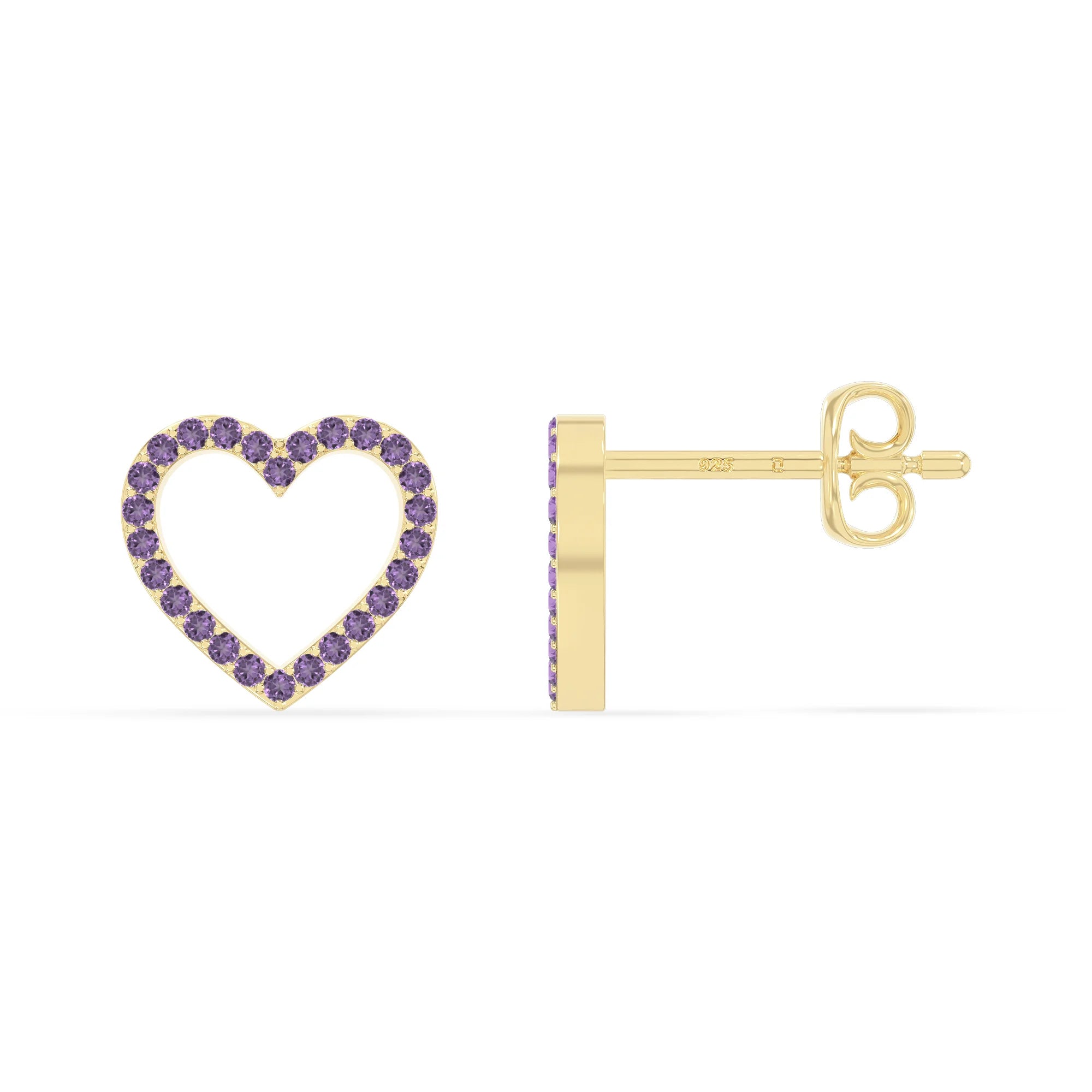 natural amethyst heart stud earrings in yellow gold vermeil 
