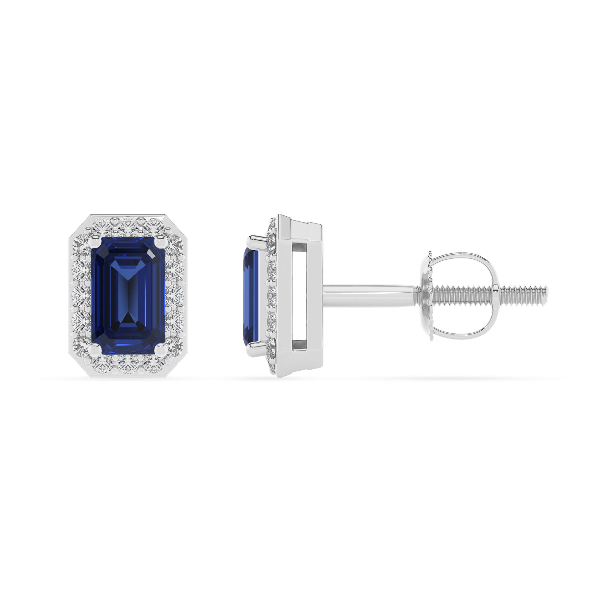 lab grown blue sapphire emerald cut stud earrings with moissanite 