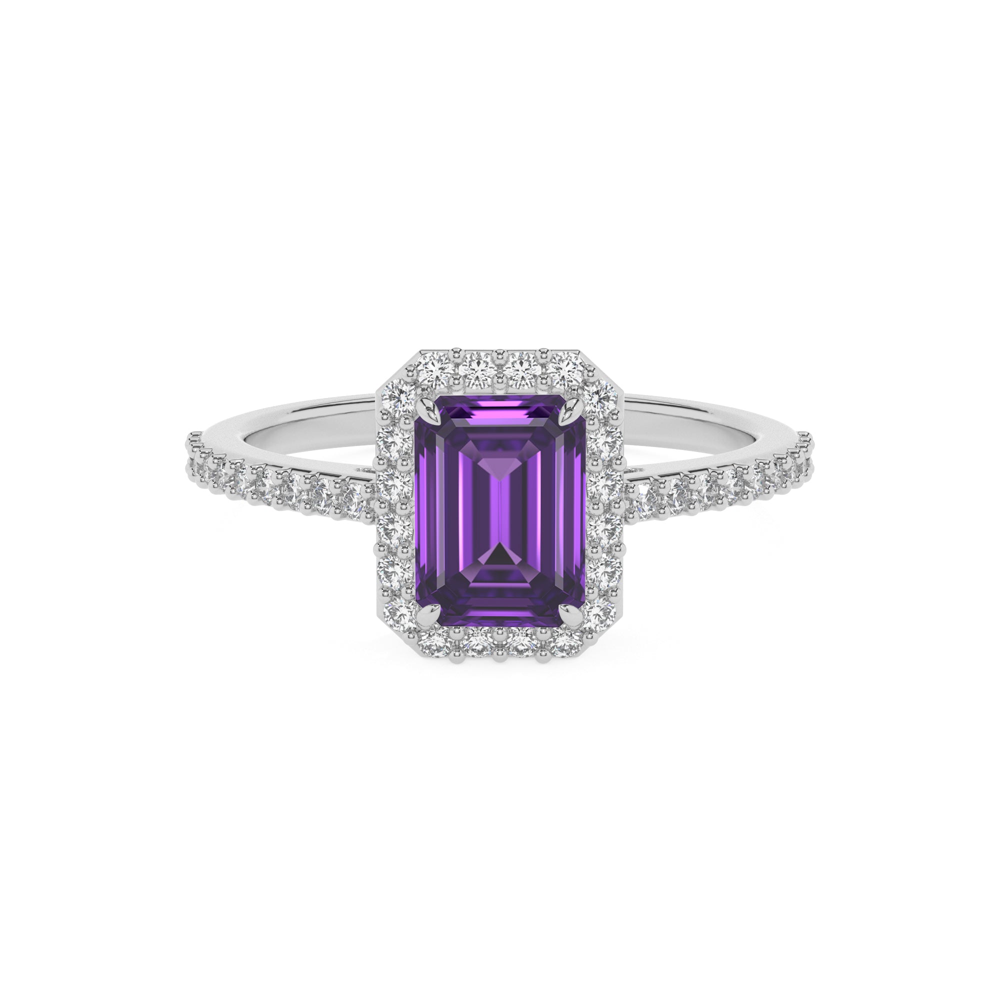 lab grown amethyst emerald half eterity halo solitaire engagement ring