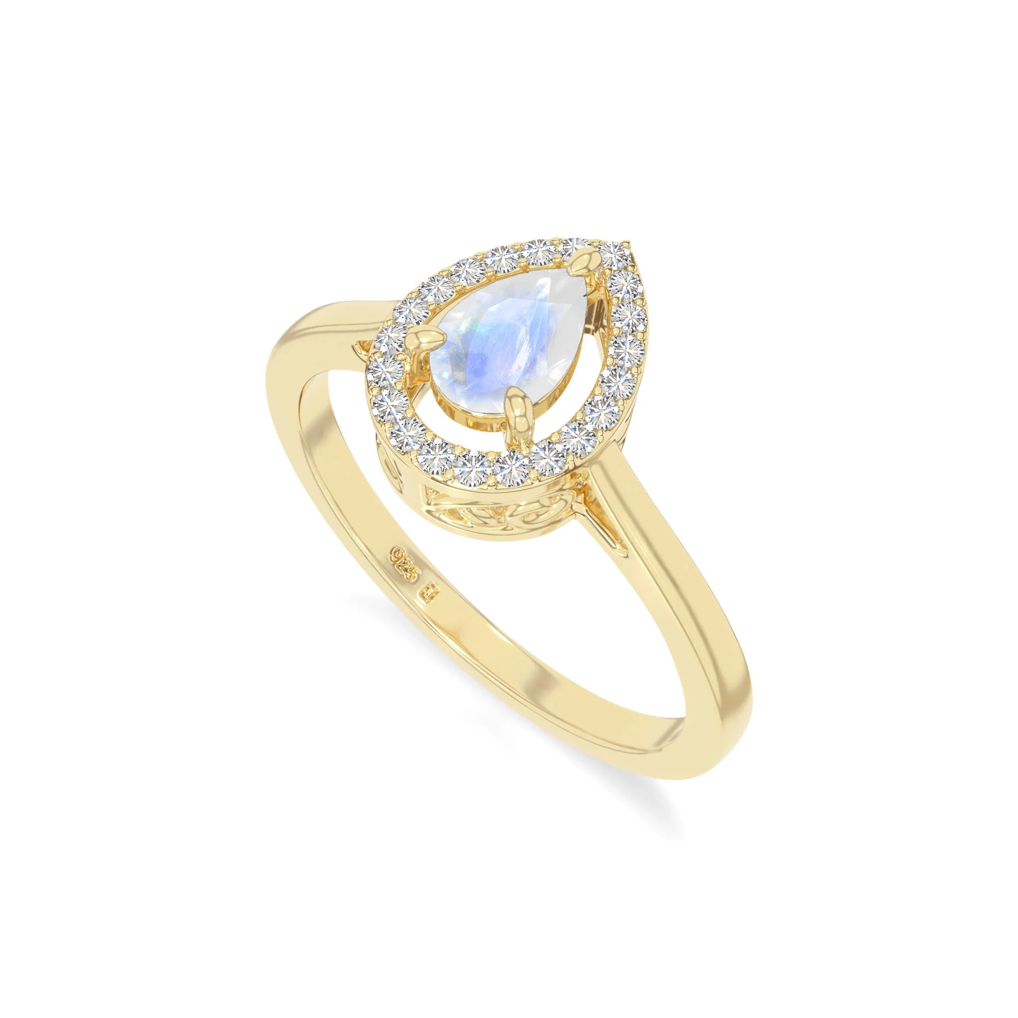 natural rainbow moonstone solitaire halo engagement rings in yellow gold vermeil