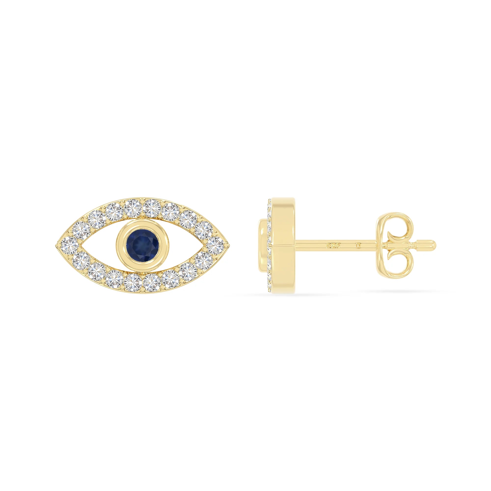 natural blue-sapphire evil eye stud earrings in yellow gold vermeil 