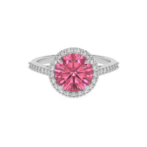 lab-grown pink-tourmaline round half eterity halo solitaire engagement ring