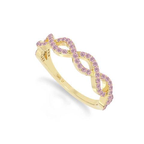 natural pink tourmaline twisted wedding band rings in yellow gold vermeil