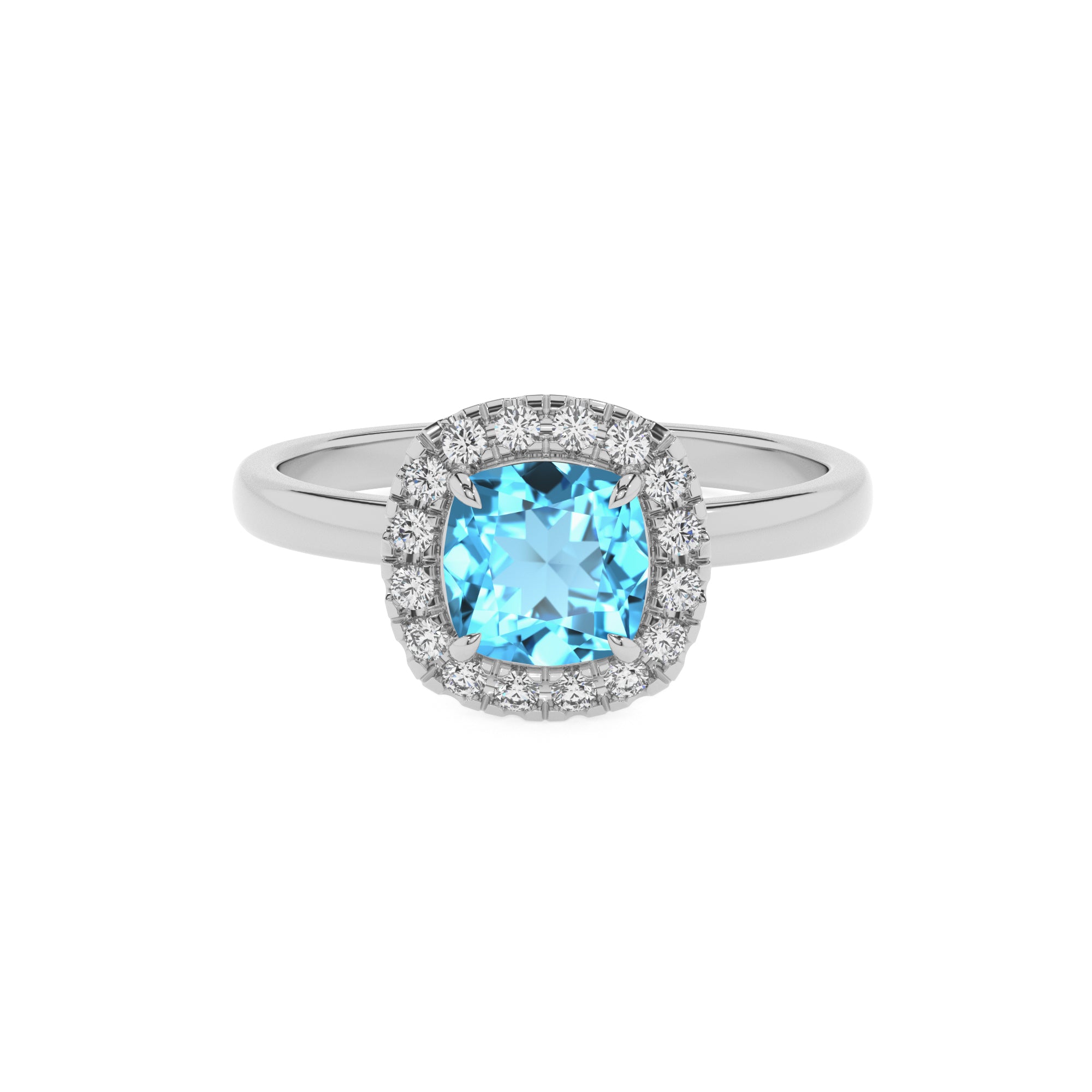 natural swiss blue topaz cushion halo solitaire engagement ring