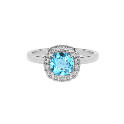 natural swiss blue topaz cushion halo solitaire engagement ring