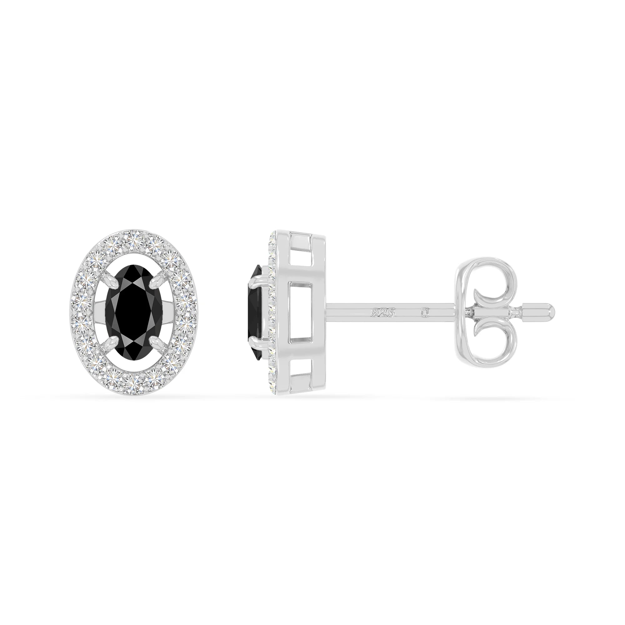 natural black-onyx halo stud earrings in sterling silver 