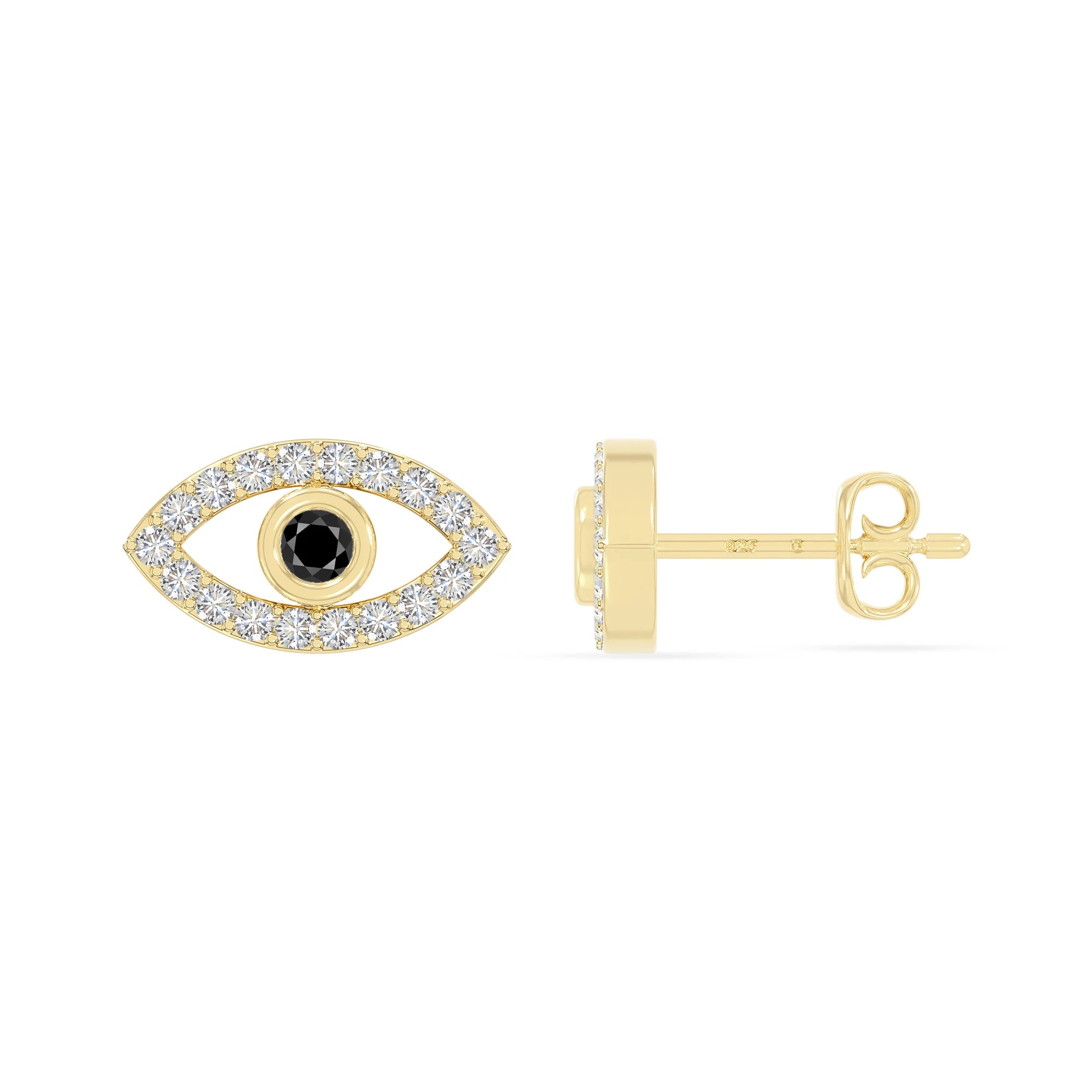 natural black-onyx evil eye stud earrings in yellow gold vermeil 