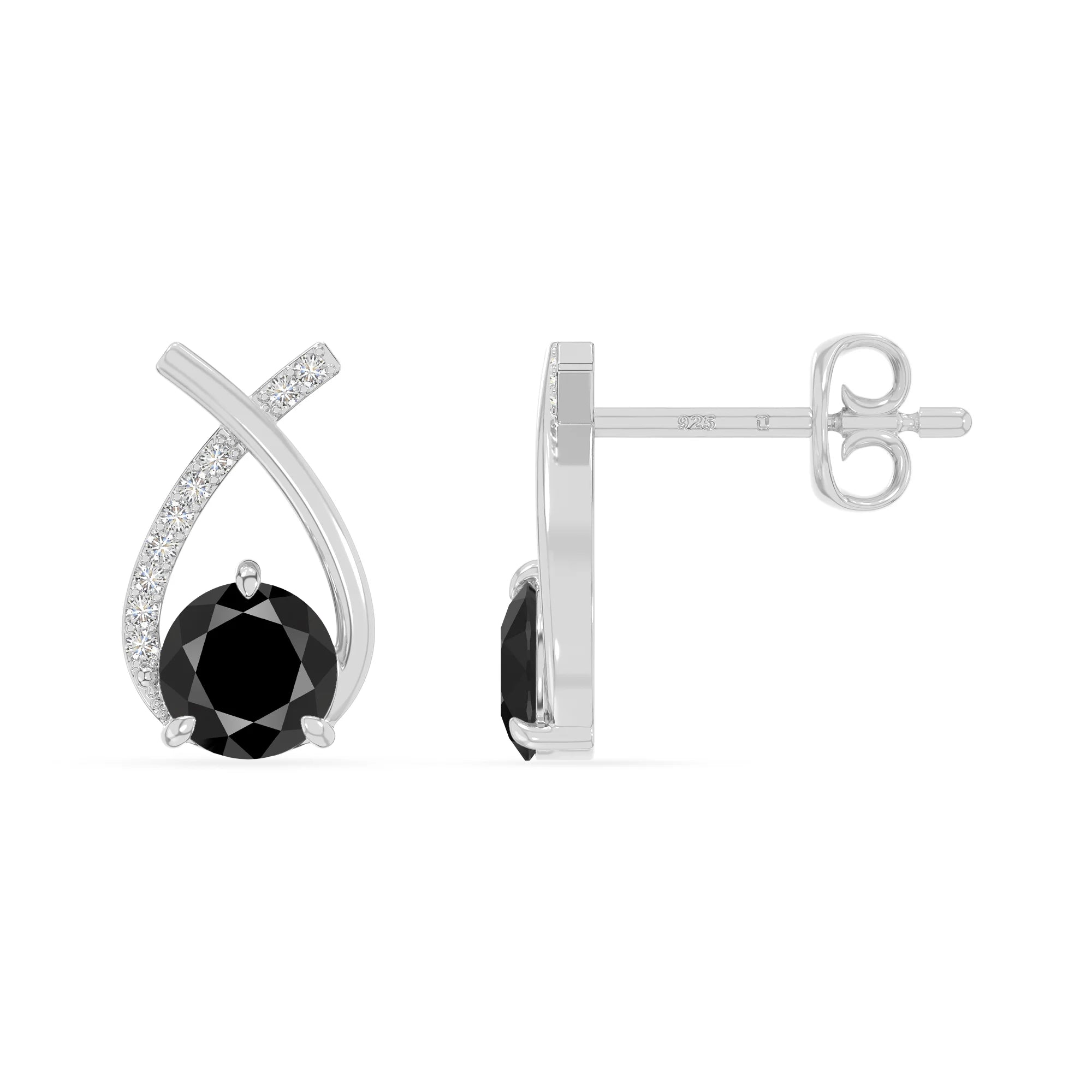 natural black-onyx fishtail stud earrings in sterling silver 