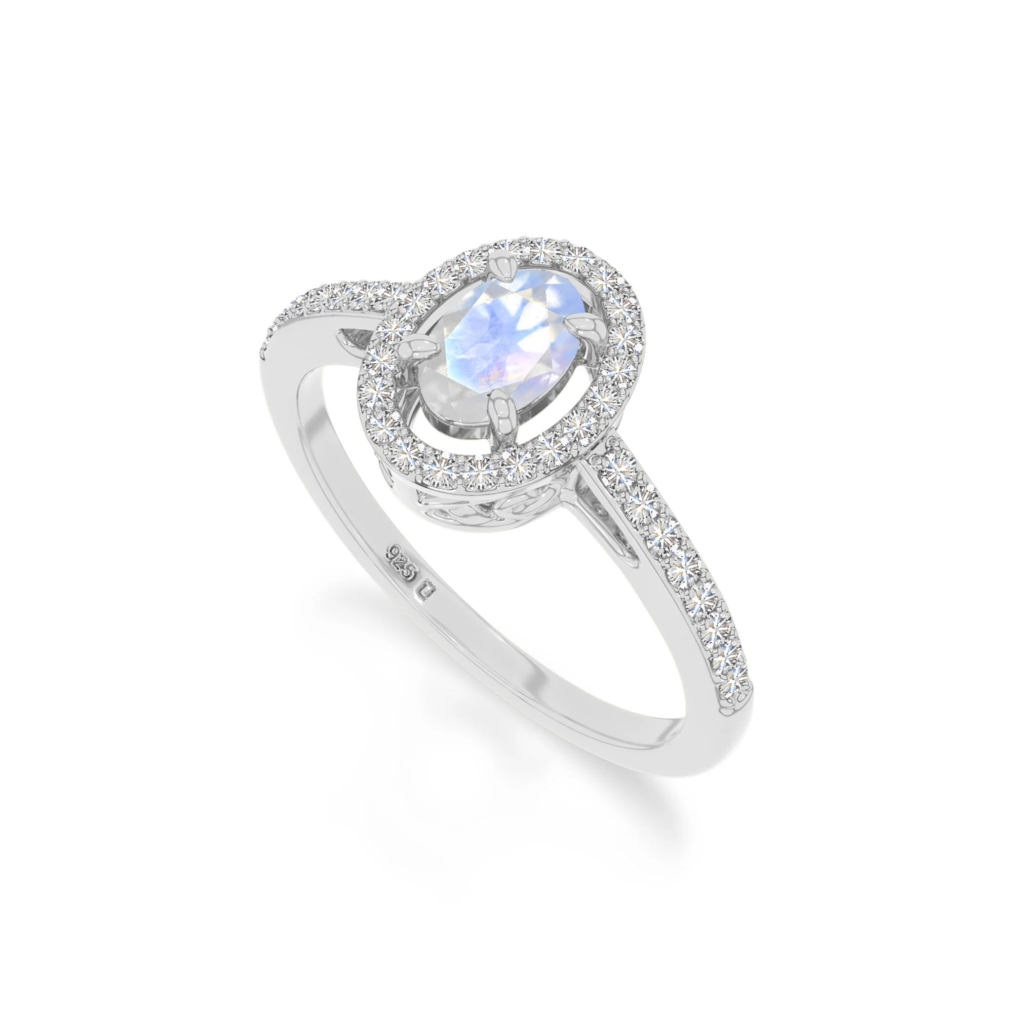 natural rainbow moonstone solitaire halo engagement rings in sterling silver 