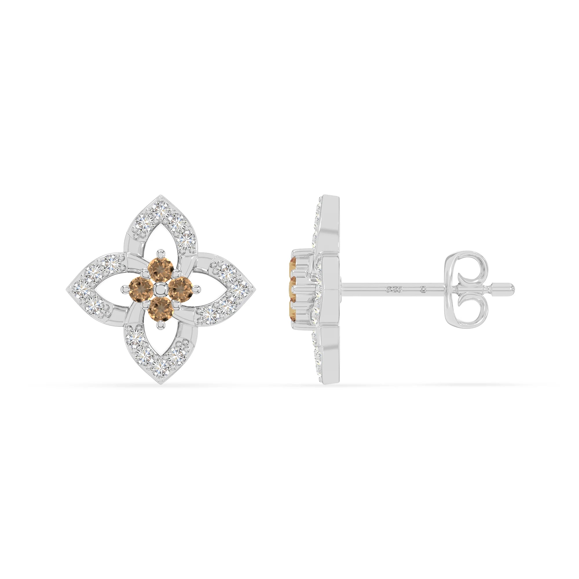 natural citrine 4 petal flower stud earrings in sterling silver 