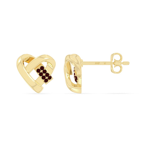 natural garnet ribbon-heart stud earrings in yellow gold vermeil 