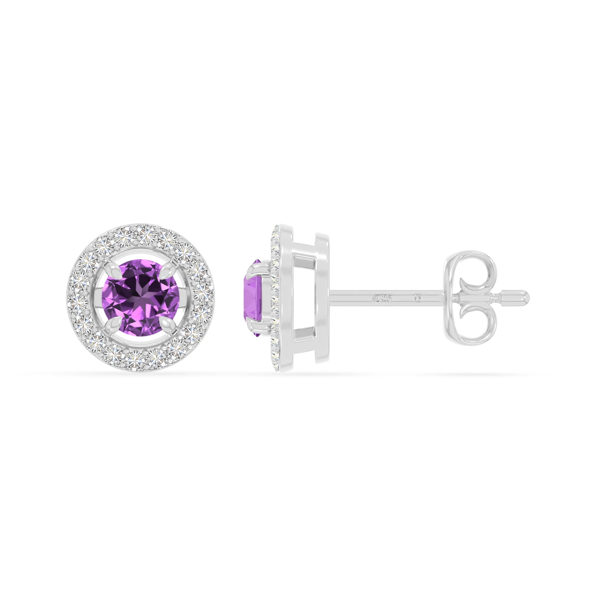 natural amethyst halo stud earrings in sterling silver 