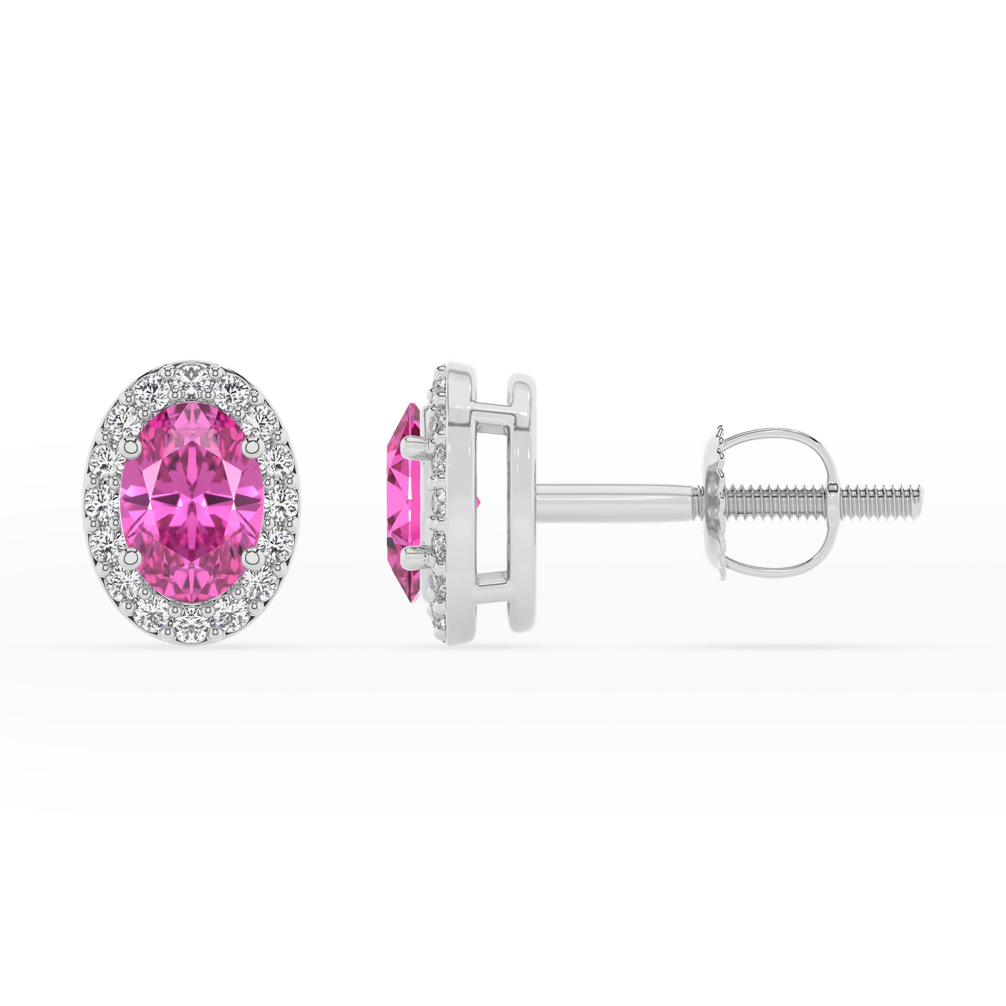 lab grown pink sapphire oval stud earrings with moissanite 