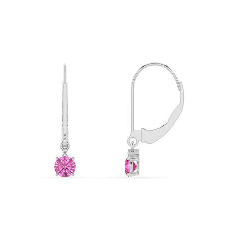 lab grown pink sapphire round dangle earrings with moissanite 