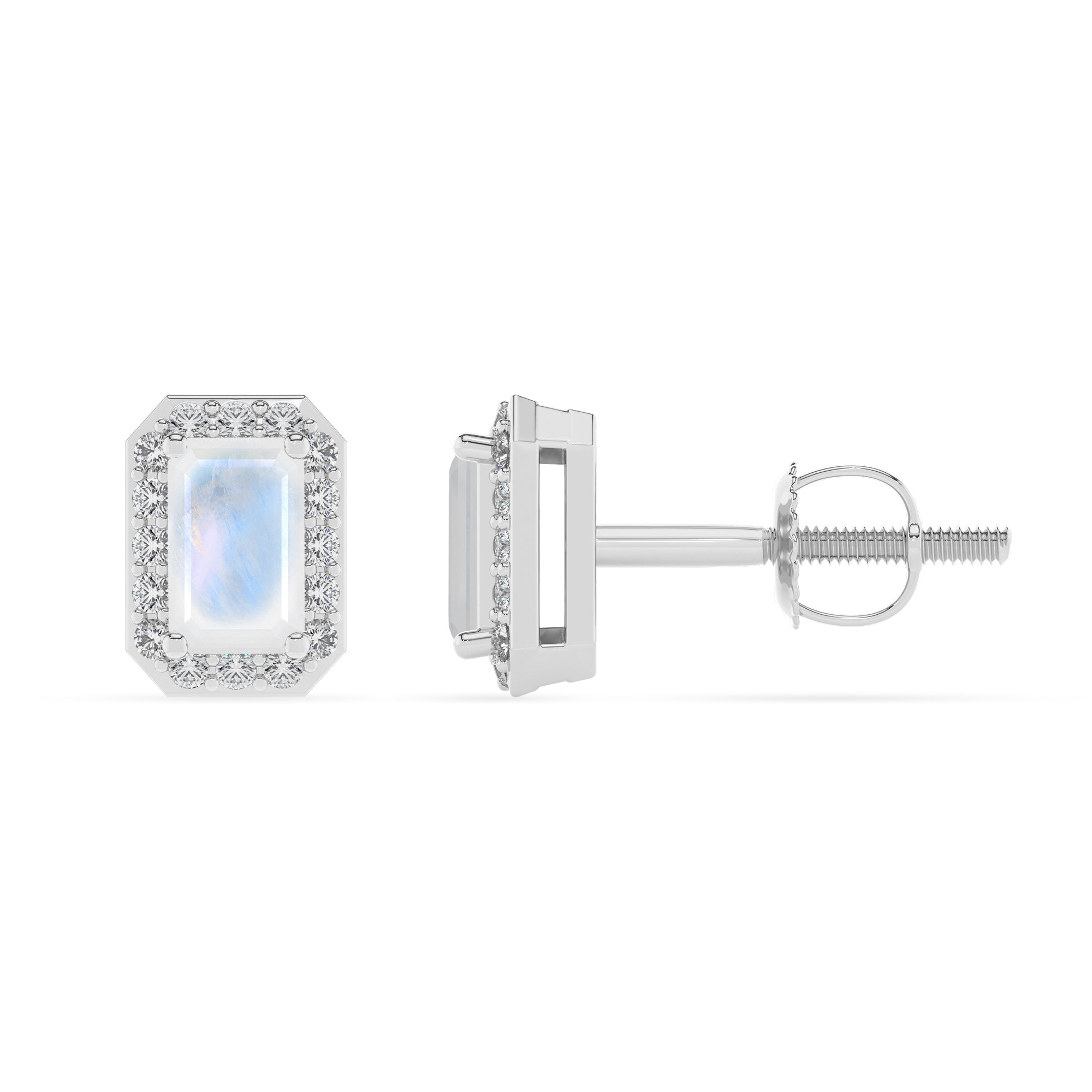 natural rainbow moonstone emerald cut stud earrings with moissanite 