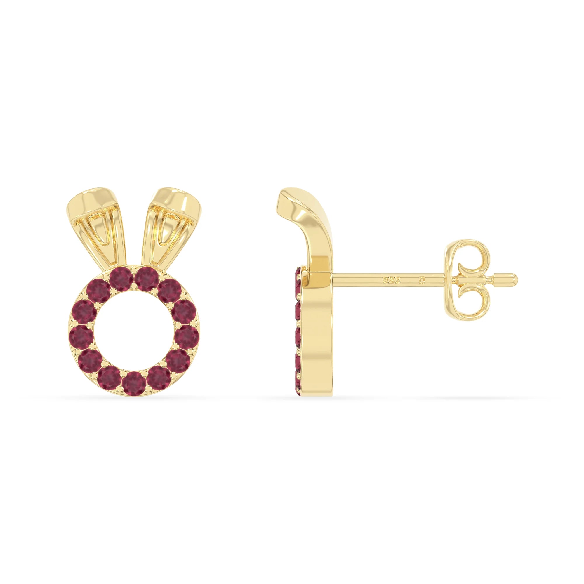 natural ruby bunny-rabit stud earrings in yellow gold vermeil 