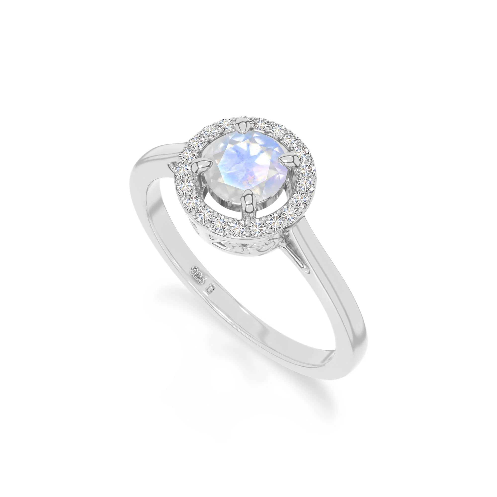 natural rainbow moonstone solitaire halo engagement rings in sterling silver 