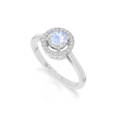 natural rainbow moonstone solitaire halo engagement rings in sterling silver 