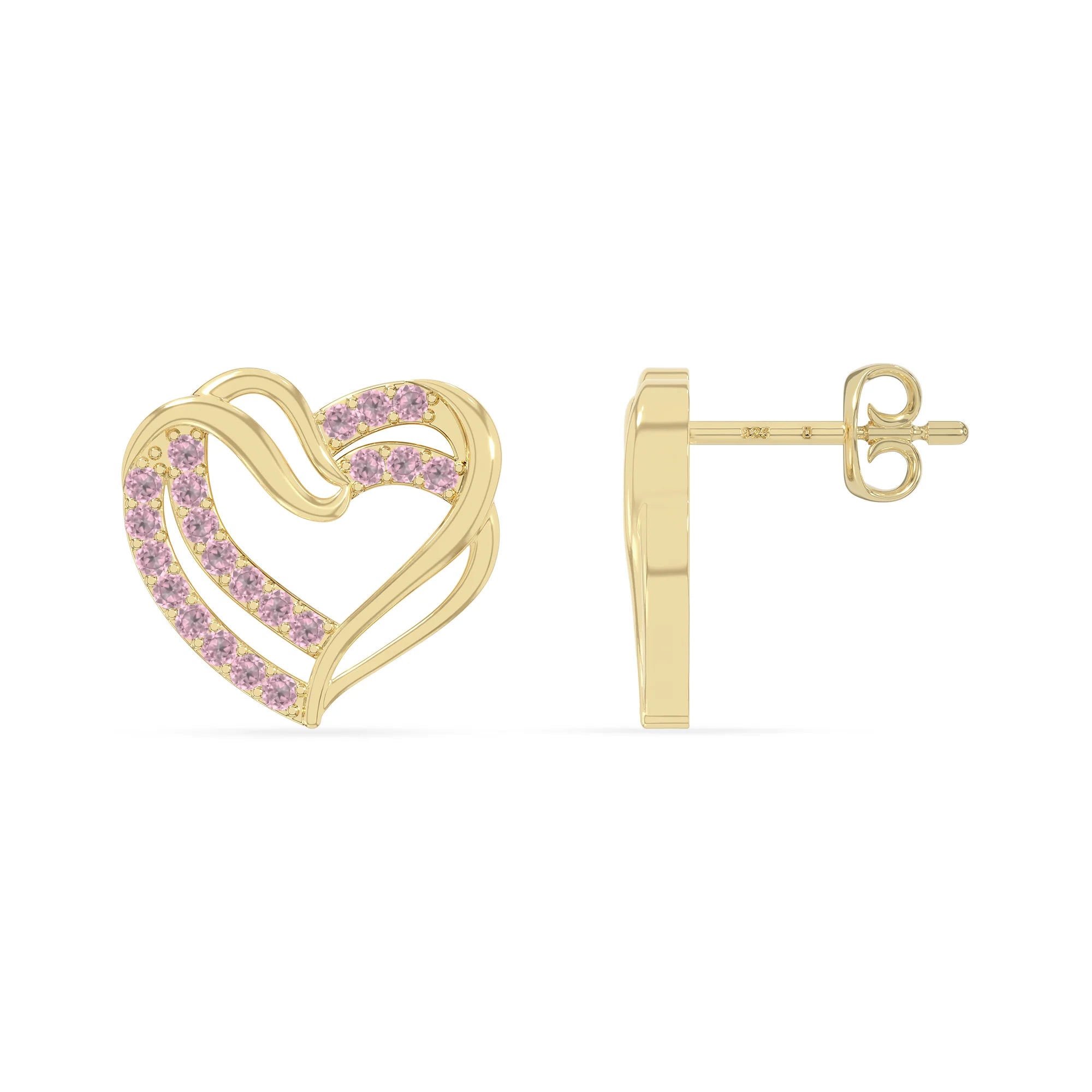natural pink-tourmaline heart-in-heart stud earrings in yellow gold vermeil 