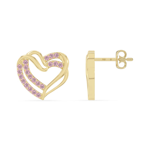 natural pink-tourmaline heart-in-heart stud earrings in yellow gold vermeil 