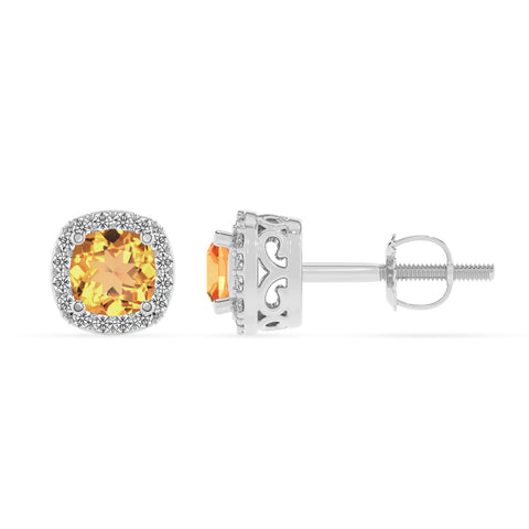 lab grown citrine cushion stud earrings with moissanite 