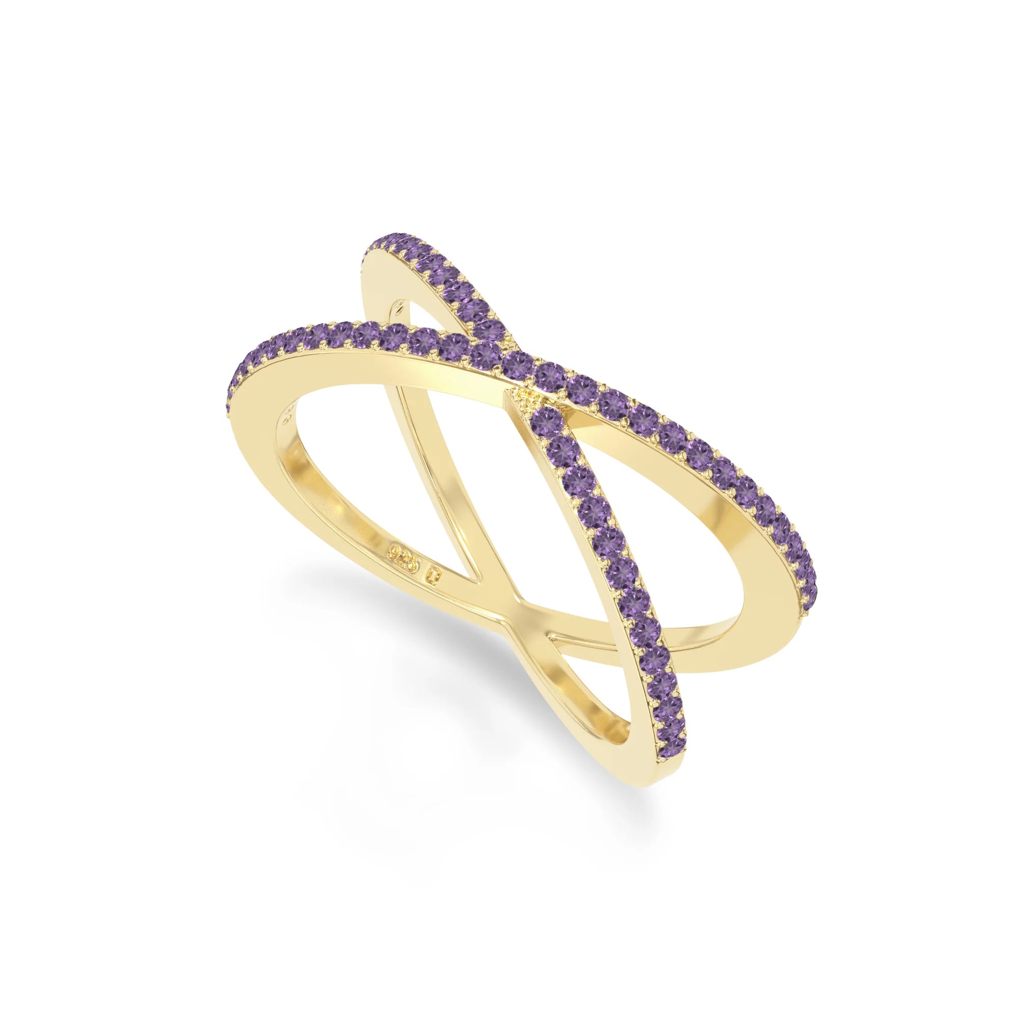 natural amethyst criss cross band rings in yellow gold vermeil