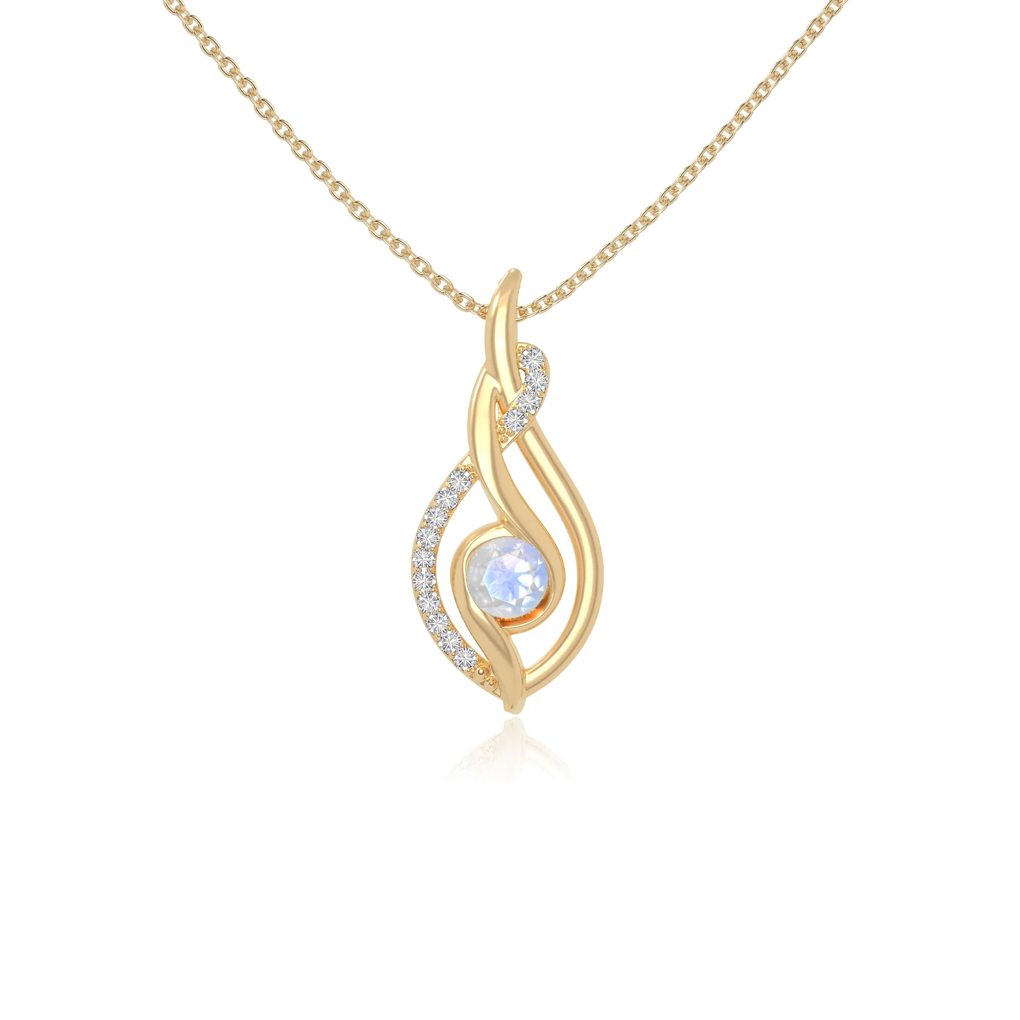 rainbow moonstone twisted infinty knot necklaces in yellow gold vermeil 
