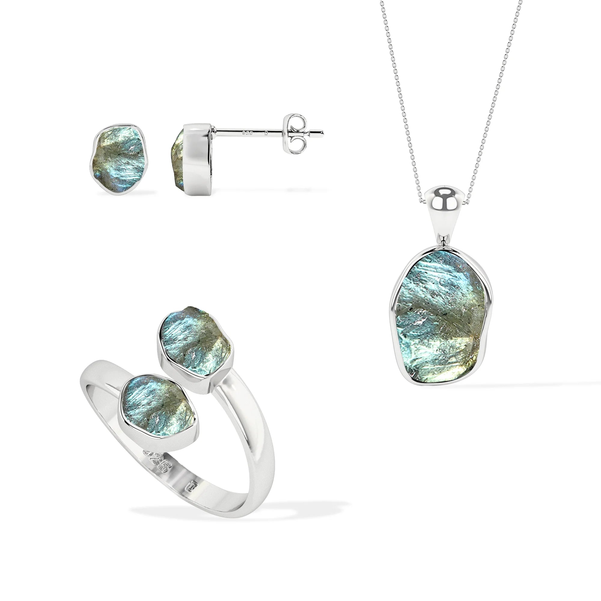 labradorite rough shape stackable bezel Jewelry set