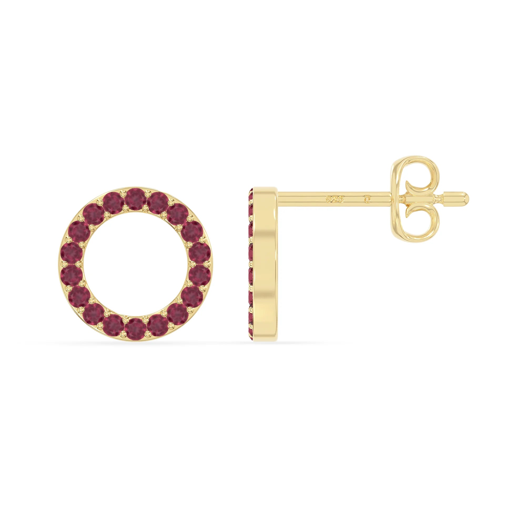 natural ruby circle stud earrings in yellow gold vermeil 