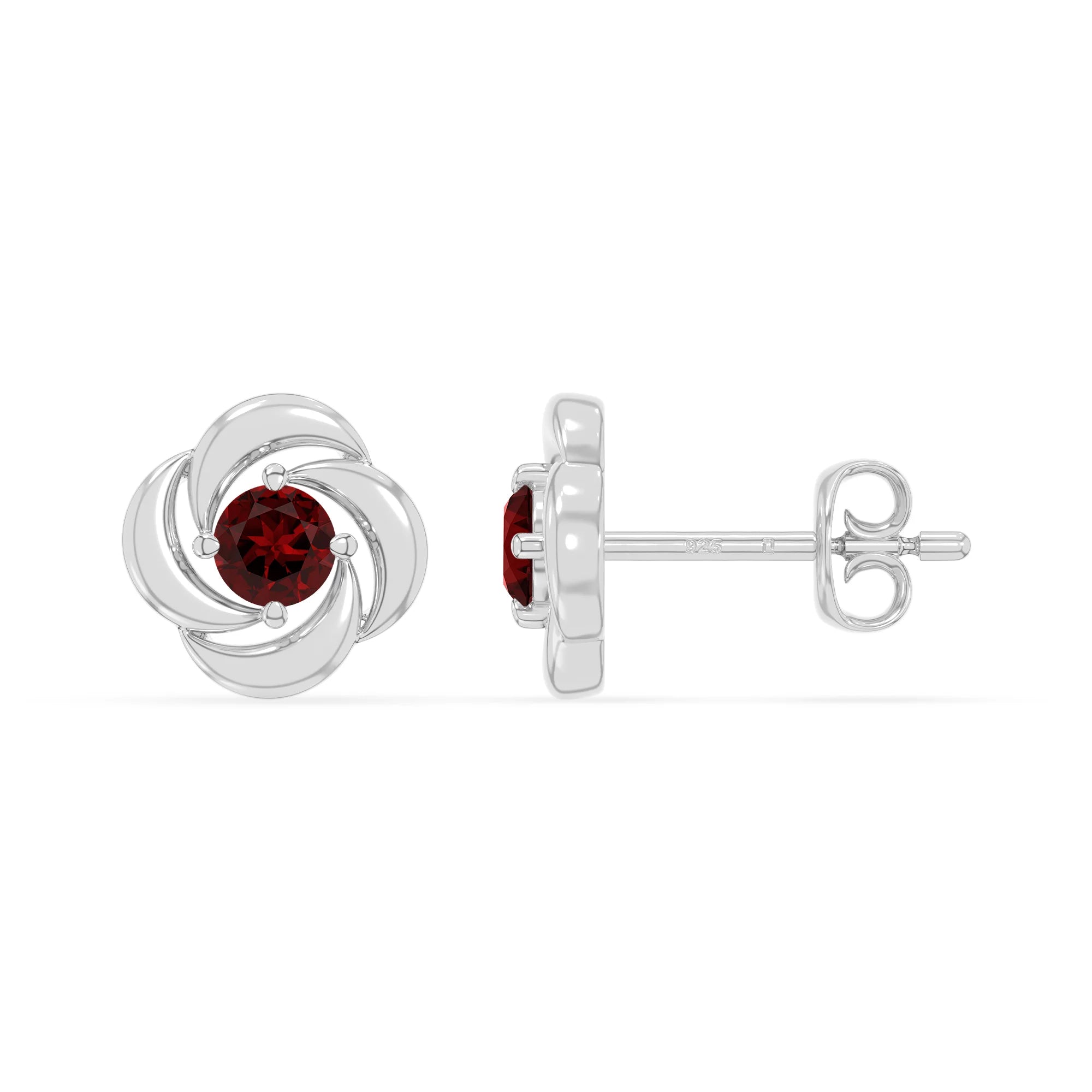 natural garnet flower stud earrings in sterling silver 