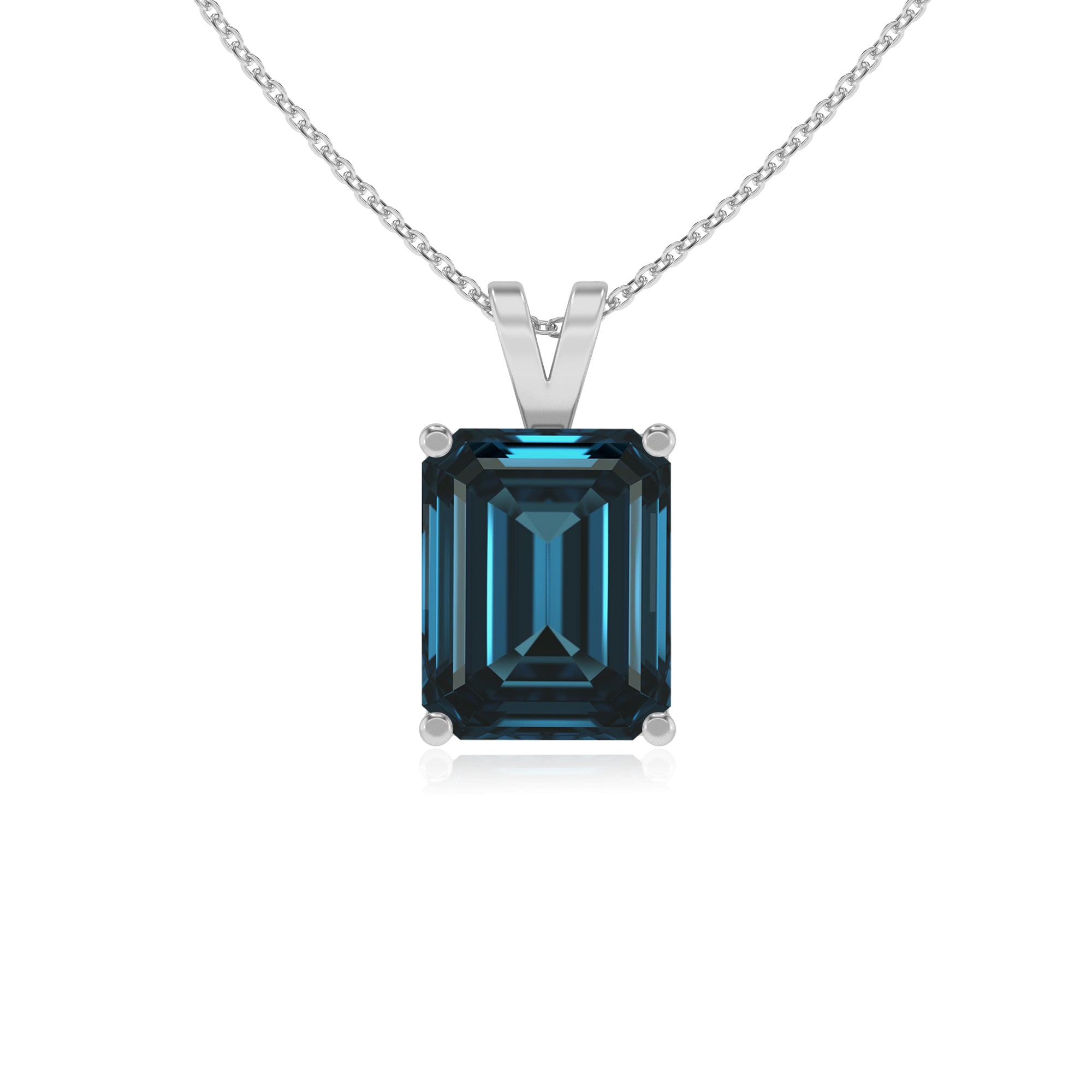 natural london-blue-topaz emerald-cut shape solitaire v-bale pendant necklace