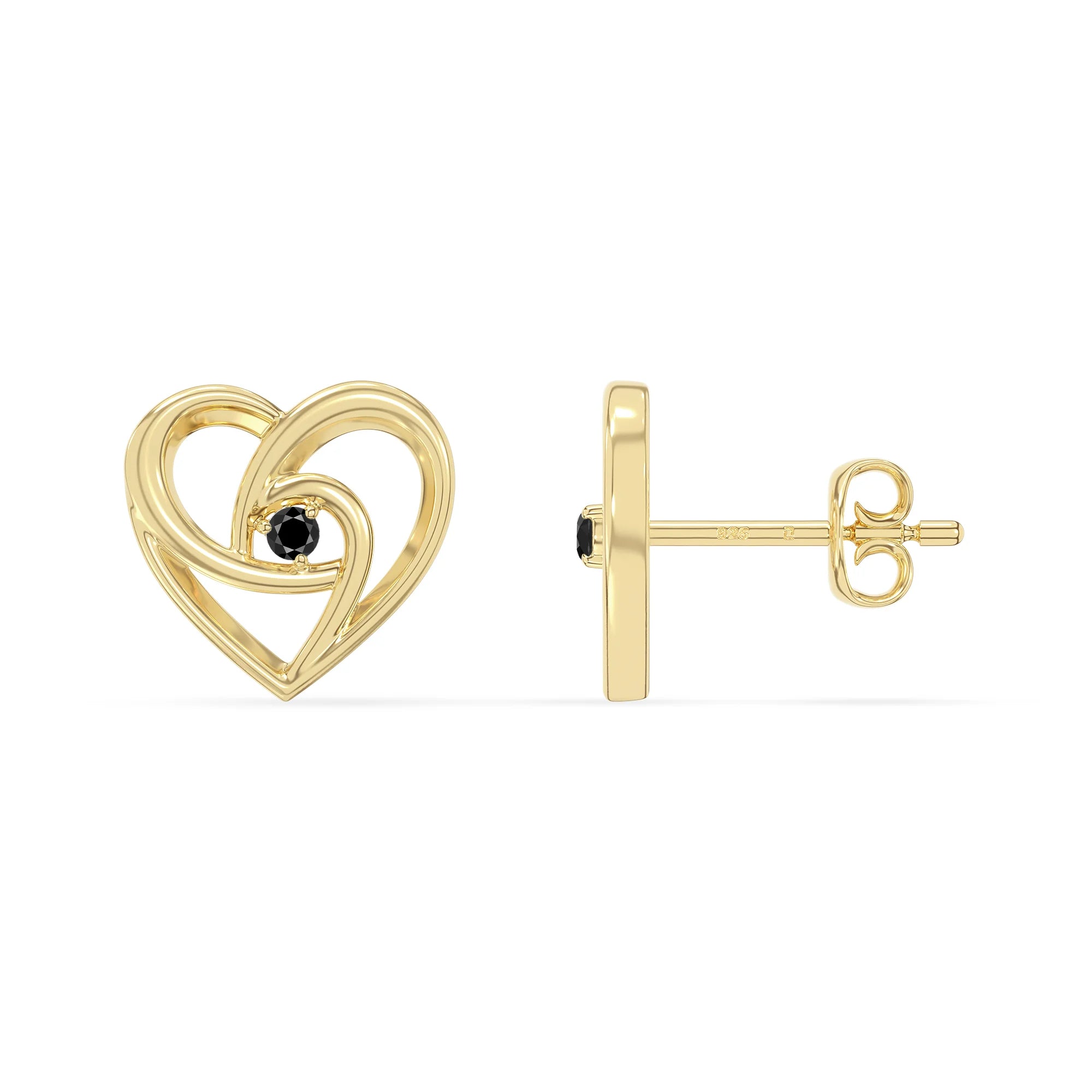 natural black-onyx heart stud earrings in yellow gold vermeil 