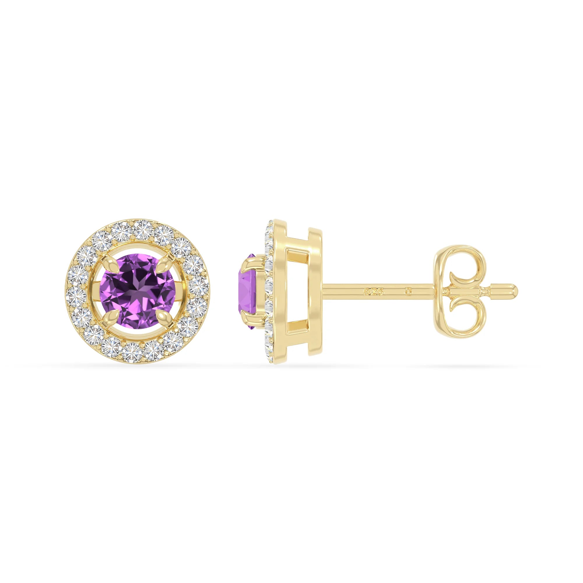 natural amethyst halo stud earrings in yellow gold vermeil 