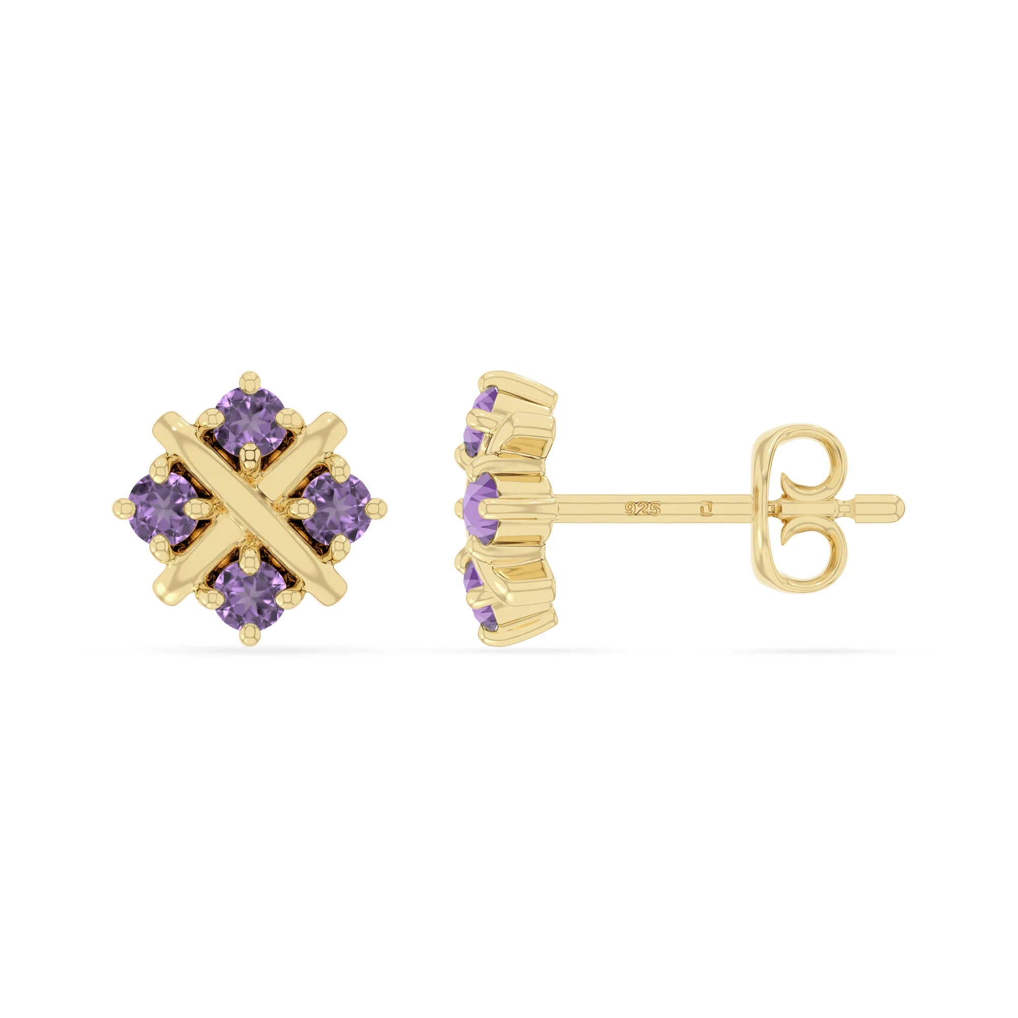 natural amethyst flower stud earrings in yellow gold vermeil 